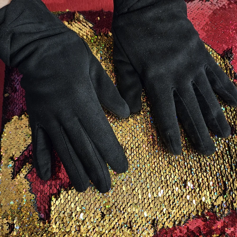 Black suede feel dressy finger gloves gathered bow at the wrist band detail